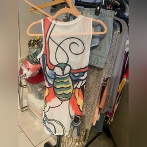 Cartoon Fish Print Women High Street Stretch Bodycon Round Neck Sleeveless